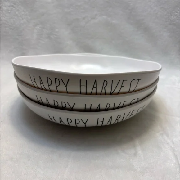 3 Rae Dunn "Happy Harvest" Melamine Dinner Bowls White Black New 9” Contemporary - Picture 1 of 3